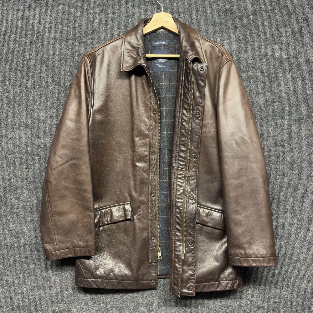 Vintage Nautica Men’s M Brown Leather Jacket Plaid Lined Zip Heavy Tony Soprano